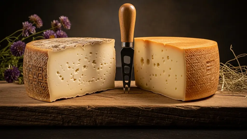 Zwei Laib Kaese auf einem rustikalen Holzbrett – ein heller Alpkaese und ein dunklerer Bergkaese nebeneinander