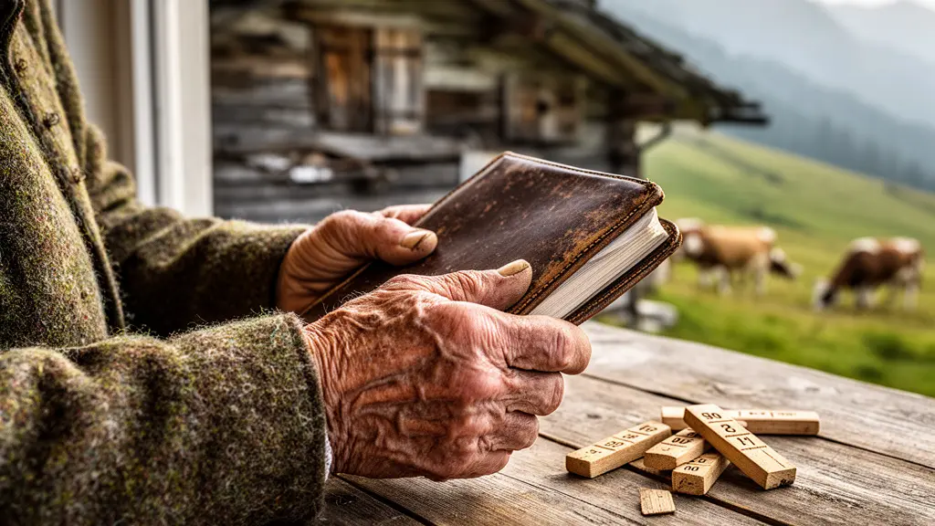 Bergbauer bei der Arbeit auf einer Schweizer Alp mit traditioneller Infrastruktur