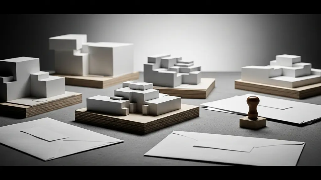 Symbolisches Stillleben mit neutralen Architekturmodellen und verdeckten Identitaeten in einem anonymen Bewertungssetting.