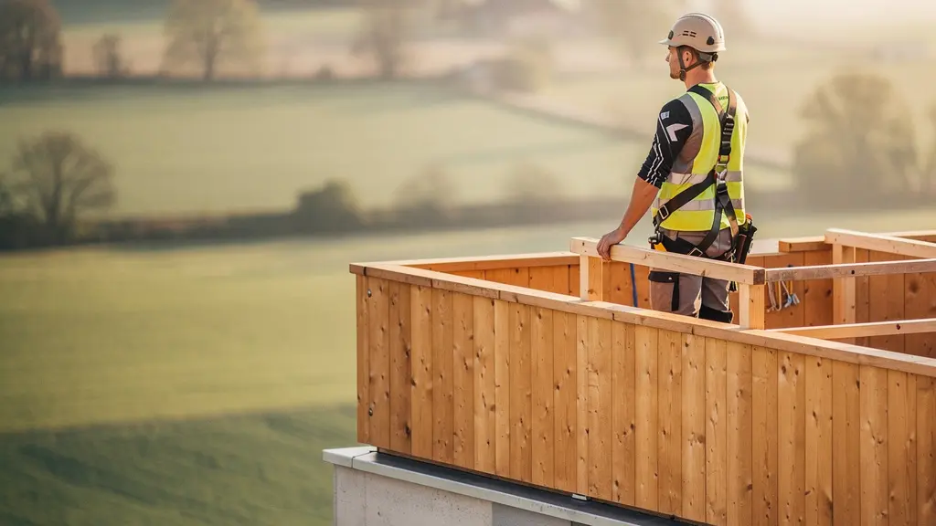 Aufgestocktes Schweizer Mehrfamilienhaus mit sichtbarem neuem Dachgeschoss aus Holz neben unberührter grüner Wiese