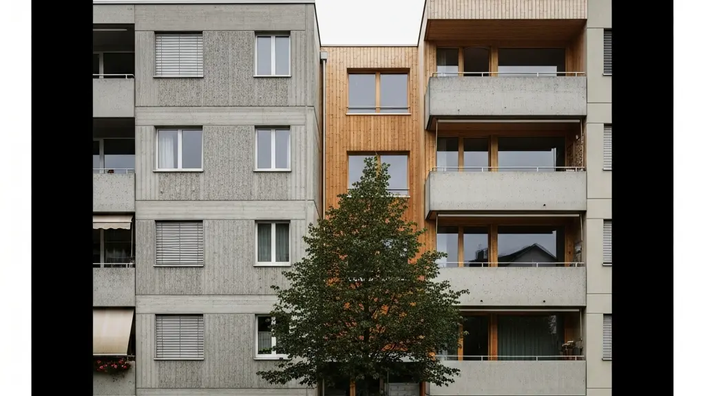 Blick auf ein Schweizer Wohnhaus mit sichtbarer Aufstockung in Holzbauweise als Symbol fuer oekologische Innenentwicklung