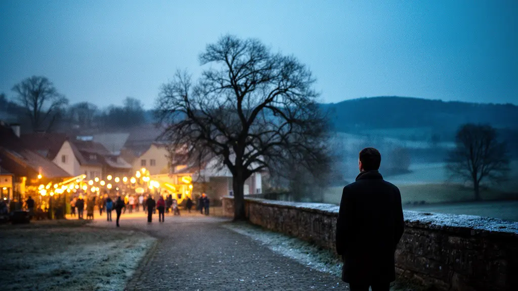 Symbolische Szene einer einzelnen Person, die im Abseits steht, während eine festlich beleuchtete Dorfgemeinschaft im Hintergrund feiert – Sinnbild für Ausgrenzung durch Brauchtum.