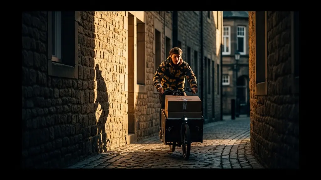 Lastenfahrrad navigiert durch enge kopfsteingepflasterte Altstadtgasse