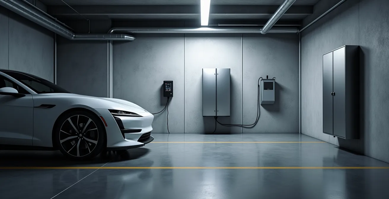 Moderne Garage mit Elektroauto an bidirektionaler Wallbox neben stationärem Heimspeicher