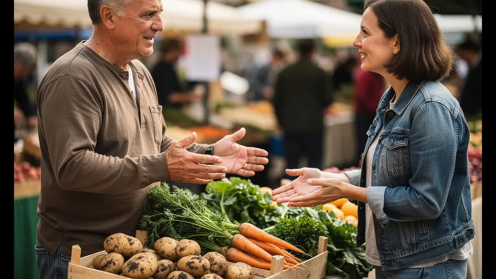 Ein Landwirt erklärt einer Kundin am Wochenmarktstand eine Gemüsesorte; beide schauen auf die Ware, keine Schilder oder Etiketten sichtbar.