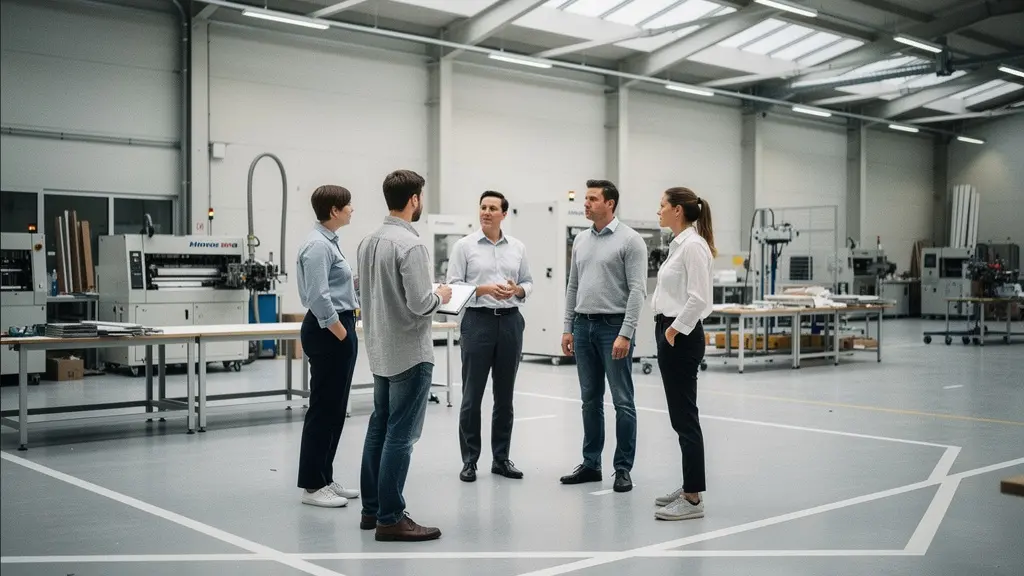 Eine kleine Gruppe von Mitarbeitenden steht in einer weiten Produktionshalle, waehrend eine Fuehrungsperson den Wechsel persoenlich erklaert.