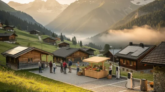 Bergdorf mit lokalen Geschäften und Wandertouristen in alpiner Landschaft