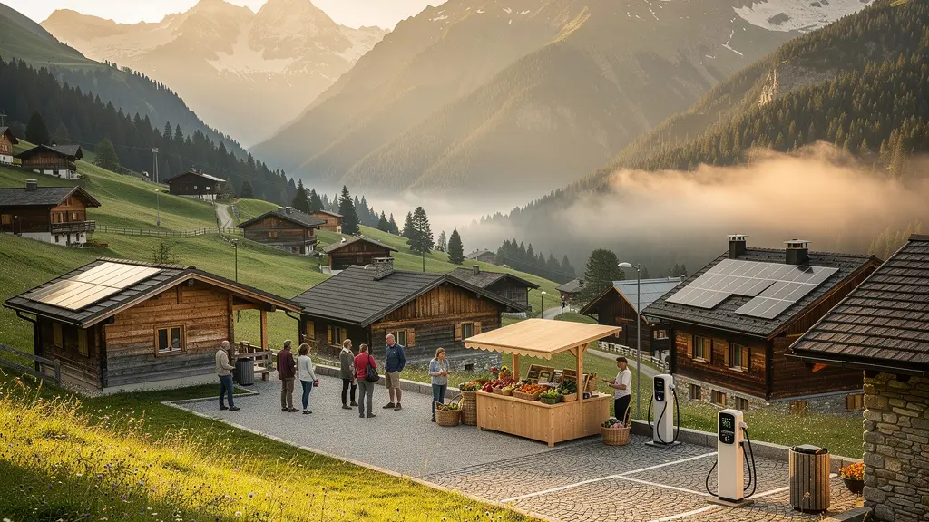 Bergdorf mit lokalen Geschäften und Wandertouristen in alpiner Landschaft