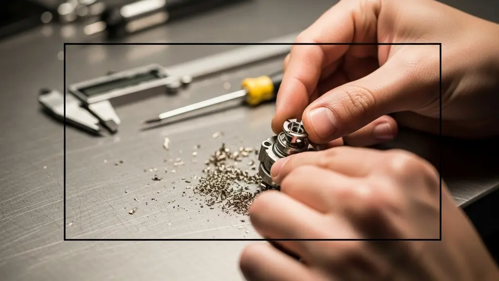 Detailaufnahme von präziser Handarbeit an einem technischen Werkstück als Symbol für die Schweizer Berufslehre