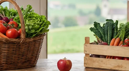 Frisches Schweizer Bio-Gemuese auf einem Holztisch mit zwei unterschiedlich gestalteten Koerben als Symbol fuer verschiedene Bio-Zertifizierungen