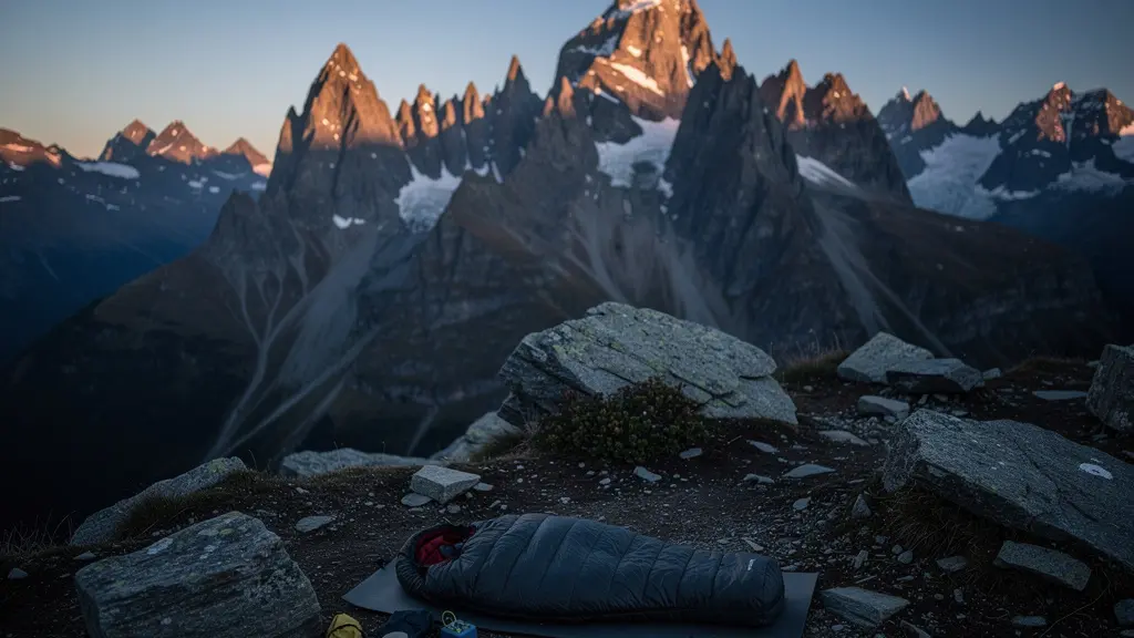 Minimalistisches Biwak oberhalb der Baumgrenze mit Bergpanorama