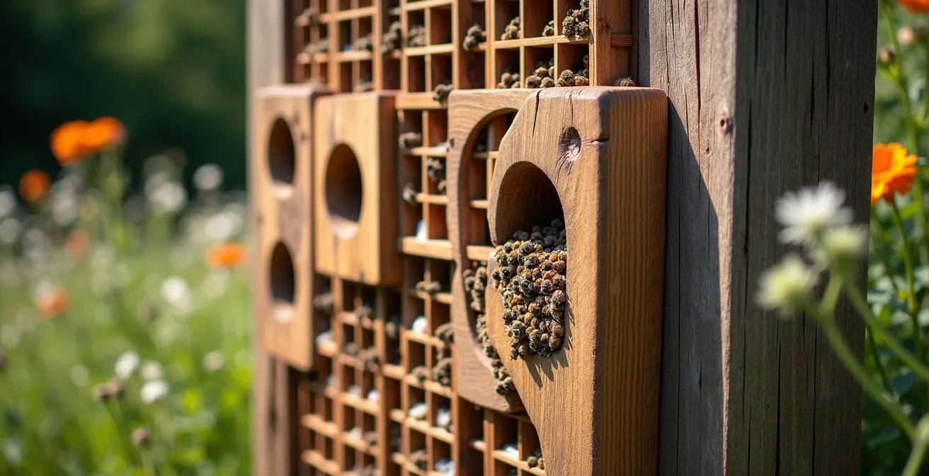 Künstlerisch gestaltete Nisthilfe aus Hartholz und Lehm als Gartenskulptur