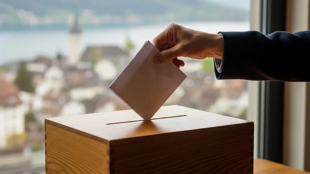 Symbolische Darstellung politischer Stabilität mit einer klassischen Abstimmungsurne aus Holz vor einem ruhigen Schweizer Hintergrund