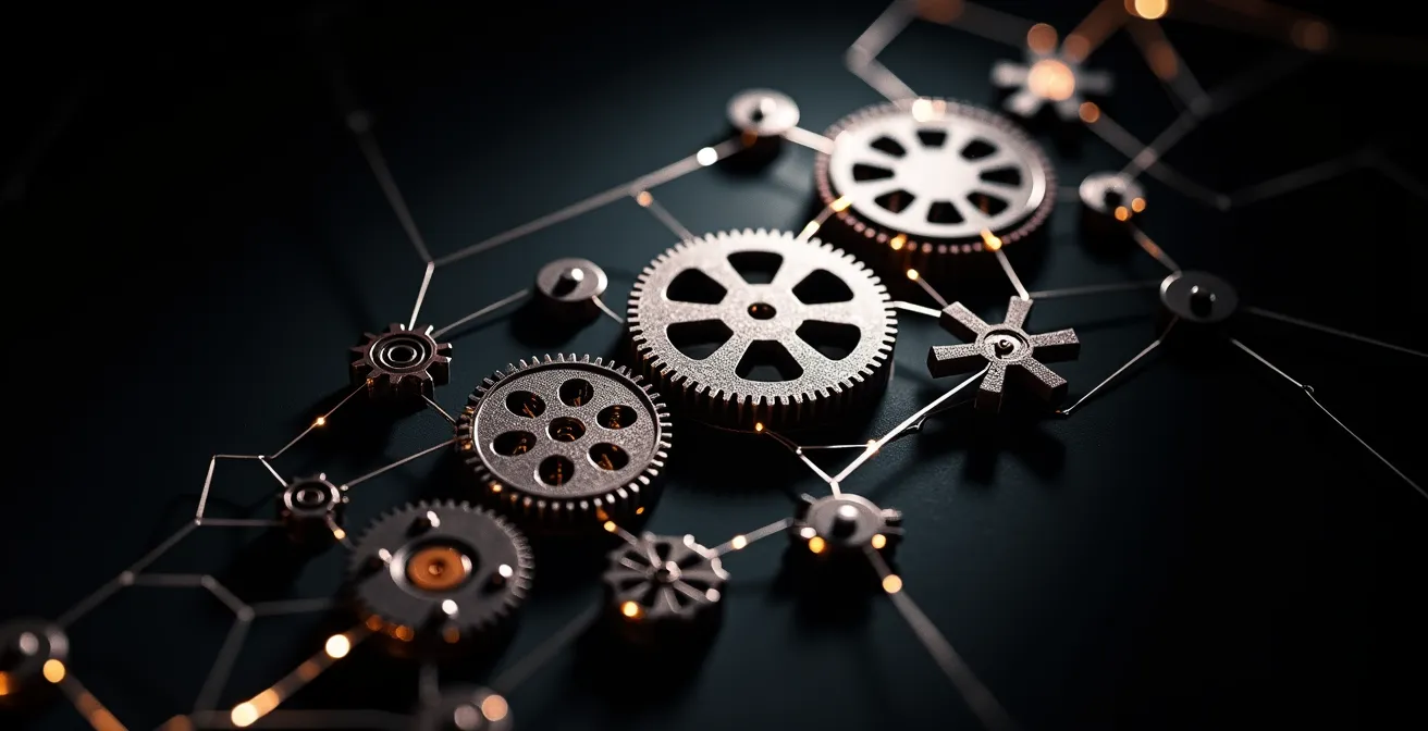 ETH-Spin-off Ökosystem mit Netzwerk und Innovation, das Präzisionsgetriebe mit leuchtenden Glasfasern verbindet.