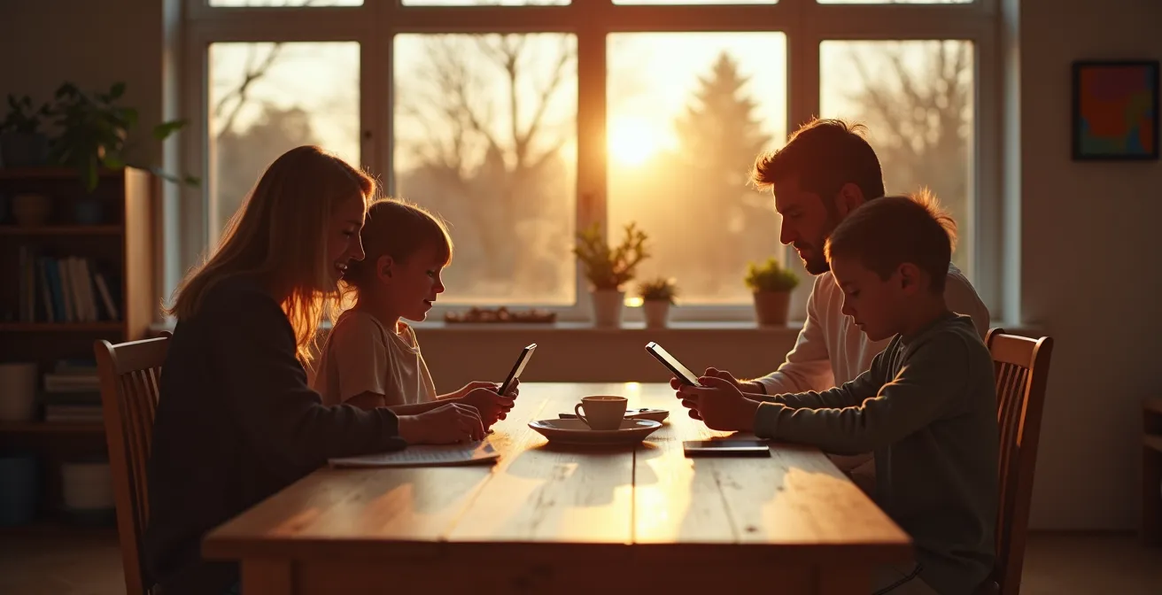 Familie beim gemeinsamen Überprüfen von Online-Inhalten am Esstisch