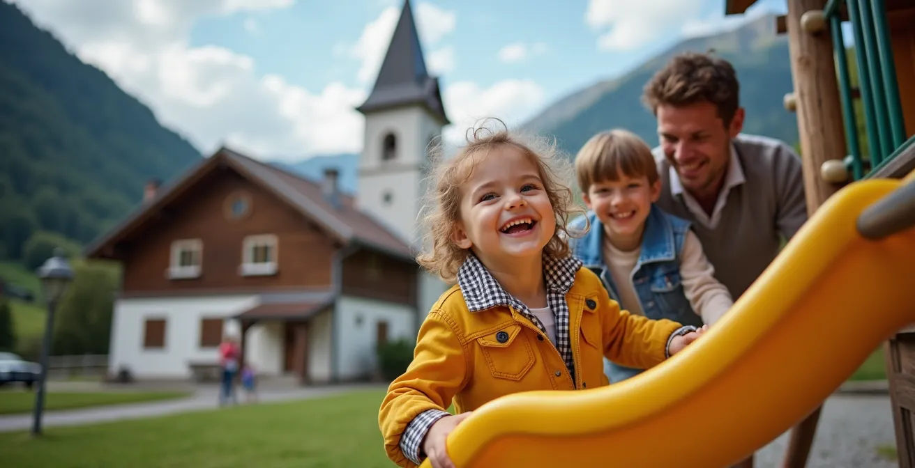 Familie in schweizer Bergdorf mit Spielplatz und Schulgebäude im Hintergrund