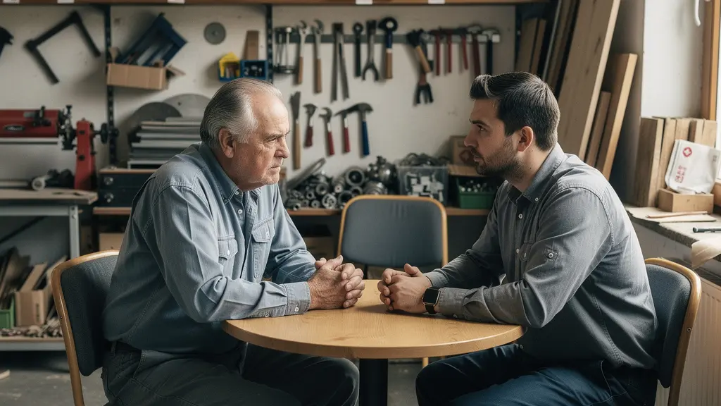 Ein Gruender und eine Nachfolgerin sitzen angespannt, aber respektvoll an einem runden Tisch in einer ruhigen Werkstattumgebung.