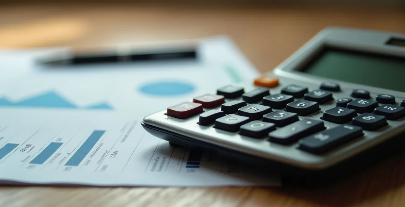 Taschenrechner und Förderunterlagen auf Schreibtisch mit unscharfem Hintergrund