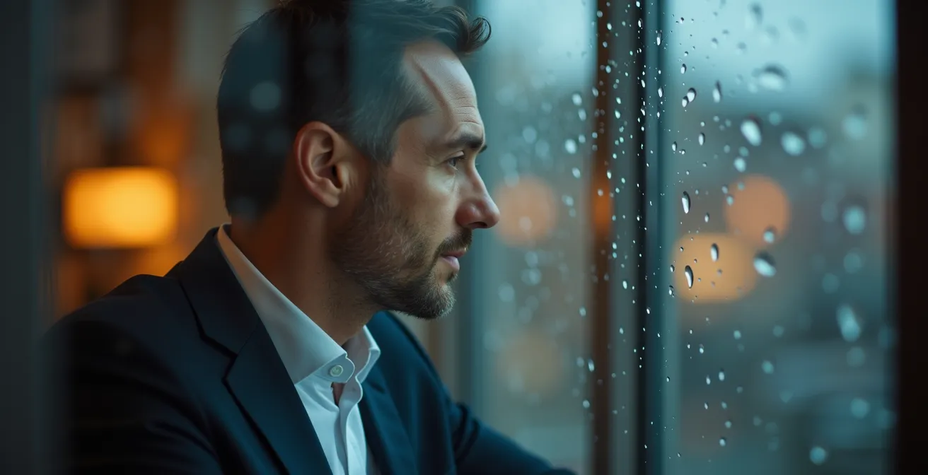 Nahaufnahme eines nachdenklichen Schweizer Unternehmers, der durch ein regennasses Fenster blickt und eine Finanzierungsentscheidung trifft.