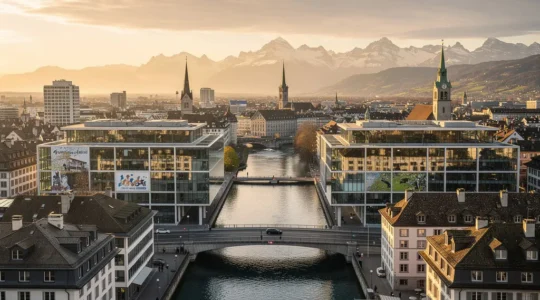 Panoramablick auf Zürich mit modernen Forschungsgebäuden und den Alpen im Hintergrund als Symbol für den Innovationsstandort Schweiz