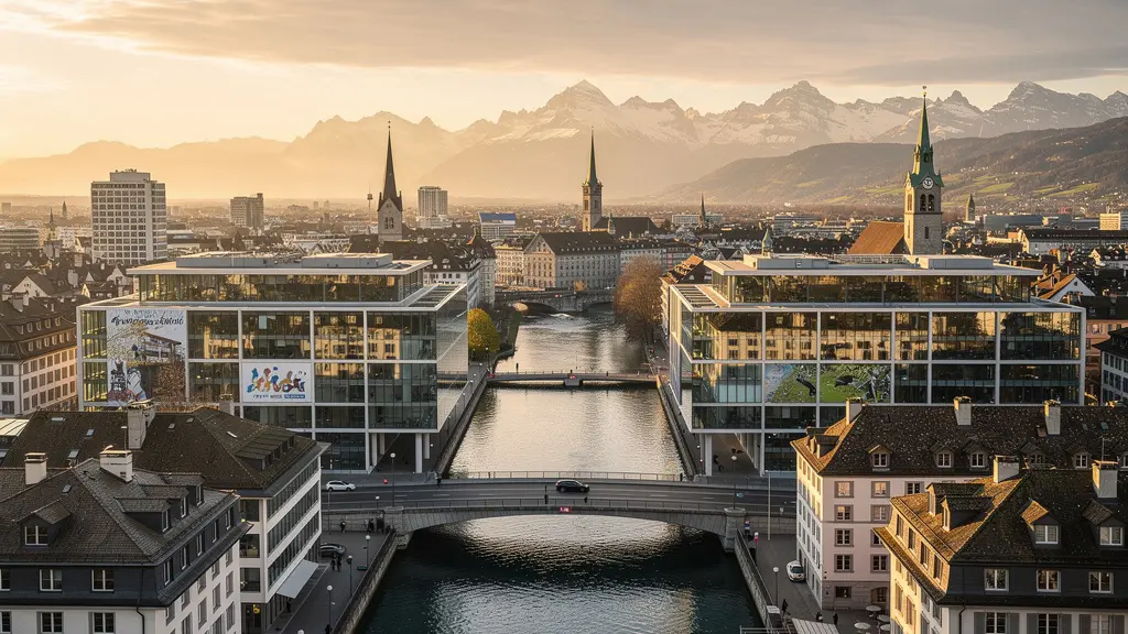 Panoramablick auf Zürich mit modernen Forschungsgebäuden und den Alpen im Hintergrund als Symbol für den Innovationsstandort Schweiz