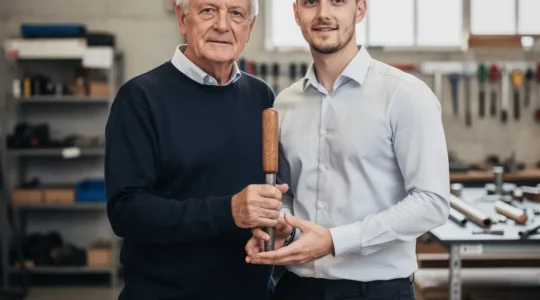 Ein aelterer und ein juengerer Unternehmer stehen in einer Werkstatt und halten gemeinsam ein neutrales Werkzeug als Symbol fuer die sichere KMU-UEbergabe.