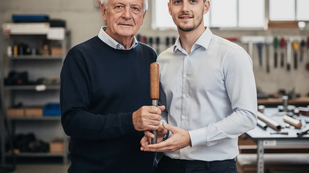 Ein aelterer und ein juengerer Unternehmer stehen in einer Werkstatt und halten gemeinsam ein neutrales Werkzeug als Symbol fuer die sichere KMU-UEbergabe.