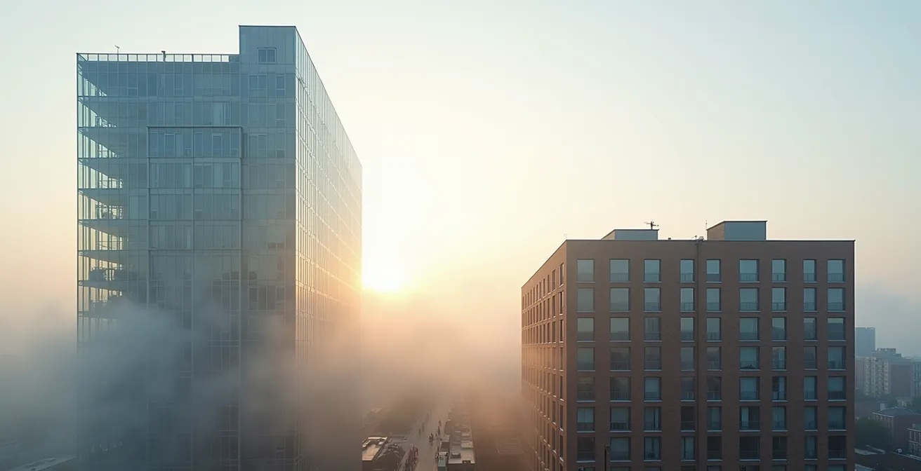 Weitwinkelaufnahme eines modernen Bürokomplexes neben Wohngebäuden zur Darstellung unterschiedlicher Investmentrisiken