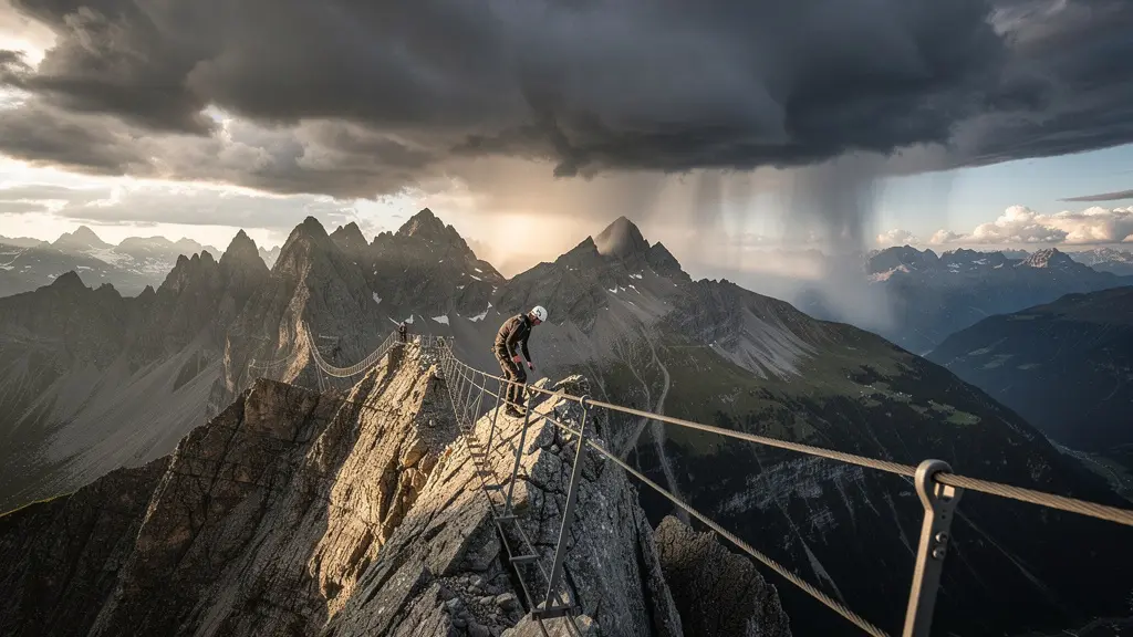 Bedrohliche Gewitterwolken ziehen über einen exponierten Klettersteig in den Schweizer Alpen
