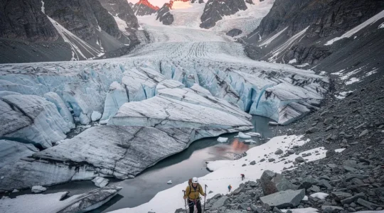 Bergführer und Teilnehmer am Gletscher bei der Sicherheitseinweisung mit schmelzendem Permafrost im Hintergrund