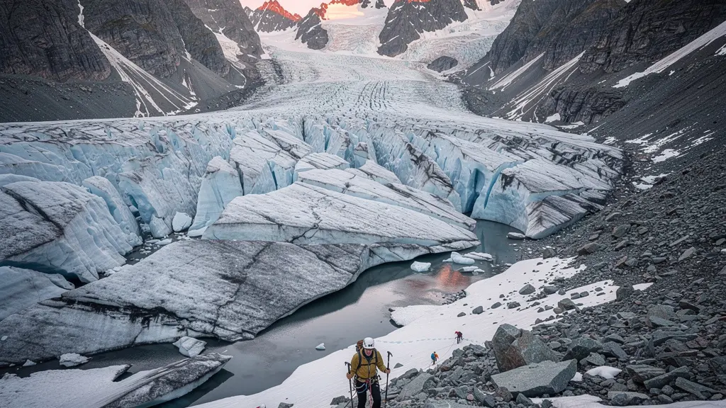 Bergführer und Teilnehmer am Gletscher bei der Sicherheitseinweisung mit schmelzendem Permafrost im Hintergrund