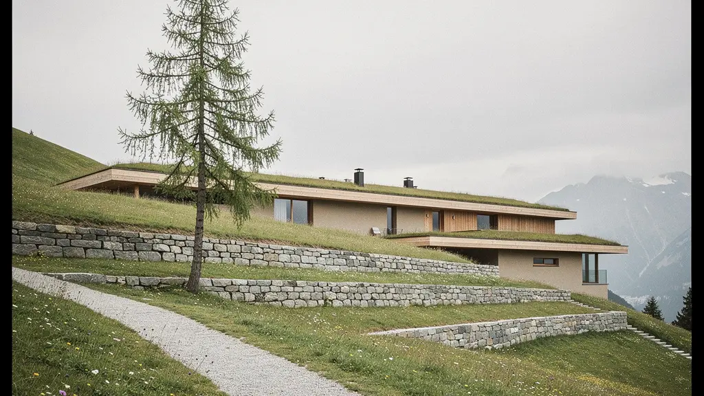 Ein modernes Haus in der Schweiz, das sich durch Material und Volumen unaufdringlich in einen alpinen Hang einfuegt.