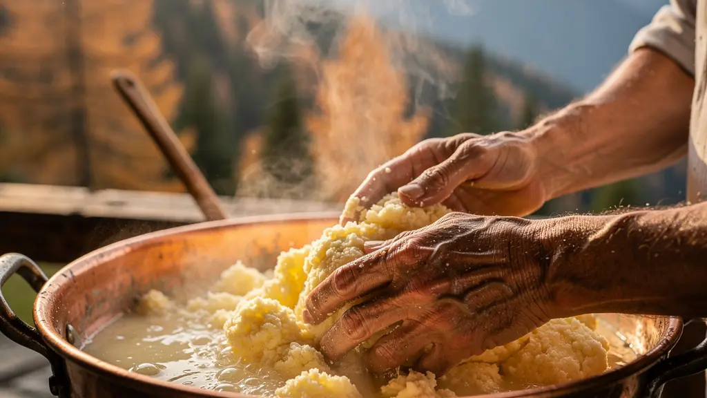Herbstliche Almlandschaft mit traditioneller Käseherstellung und Besuchern