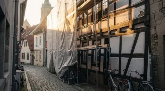 Historisches Fachwerkhaus in einer deutschen Altstadtgasse mit sichtbaren Renovierungsarbeiten