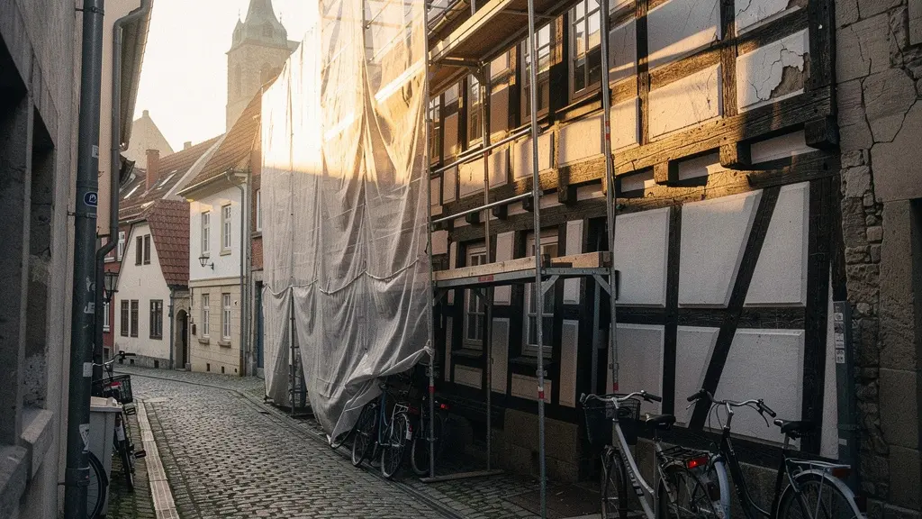 Historisches Fachwerkhaus in einer deutschen Altstadtgasse mit sichtbaren Renovierungsarbeiten