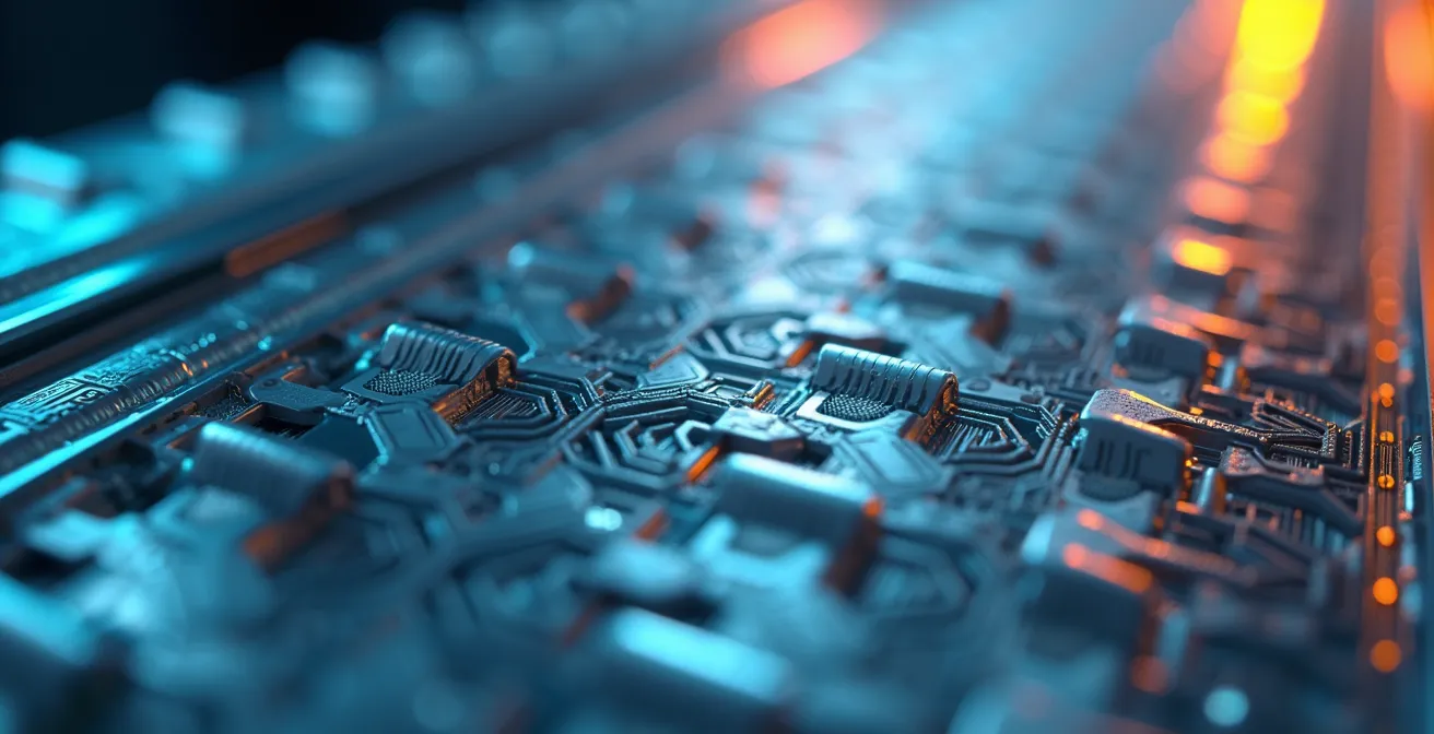 Makroaufnahme eines Hightech-Labors, die die Verbindung von Präzisionstechnik und Forschung symbolisiert.