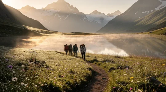 Nachhaltige Bergwanderer genießen unberührte Alpenlandschaft bei Sonnenaufgang