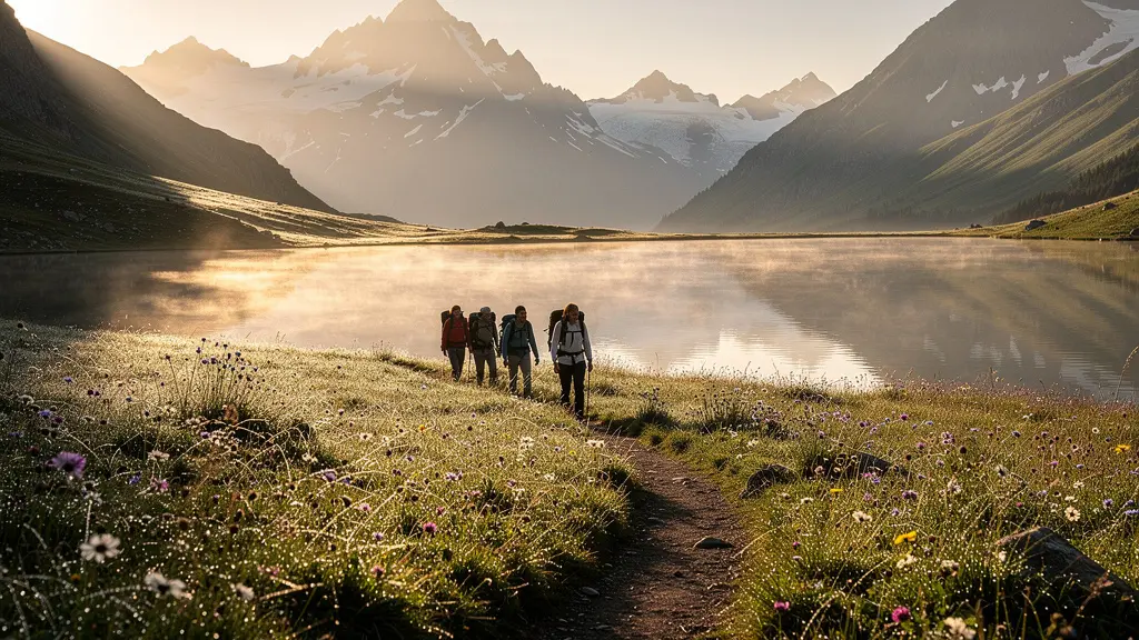 Nachhaltige Bergwanderer genießen unberührte Alpenlandschaft bei Sonnenaufgang