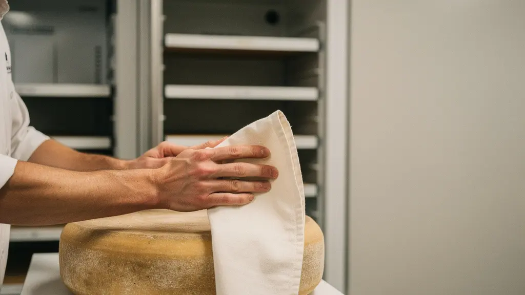 Eine Person pflegt einen grossen Kaeselaib in einem modernen Keller neben einem schlichten, unlabeled Temperierschrank, ohne sichtbare Beschriftungen.