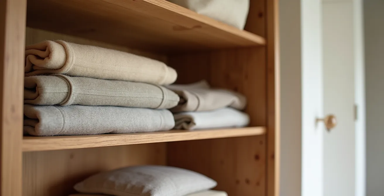 Ordentlich gefaltete Kaschmirpullover in offenem Holzschrank mit Zedernholz