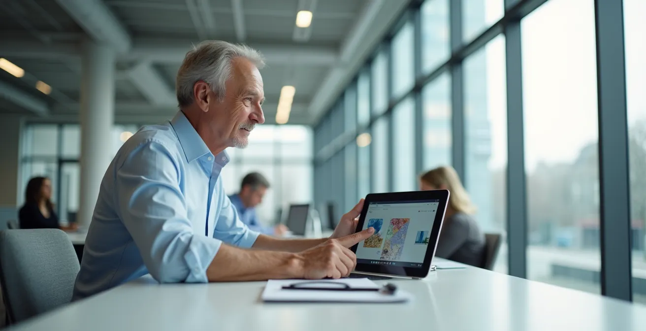 Nicht-technischer Mitarbeiter mittleren Alters nutzt intuitiv KI-Tools am modernen Arbeitsplatz