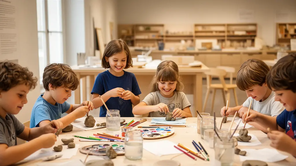 Kinder experimentieren begeistert in einer Museumswerkstatt mit Kunstmaterialien