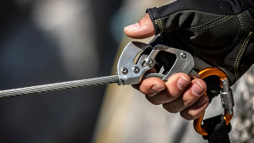 Nahaufnahme der korrekten Umhängetechnik mit zwei Karabinern am Stahlseil