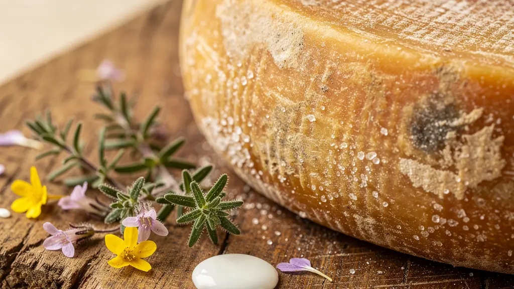 Makroaufnahme von Kaeserinde mit feinen Kristallen neben alpinen Kraeutern und einem Tropfen Rohmilch auf Holz, ohne erkennbare Beschriftung.
