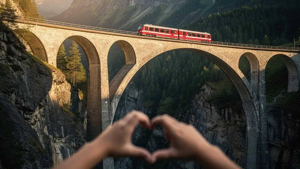 Historisches Landwasserviadukt mit rotem Zug aus Kinderperspektive