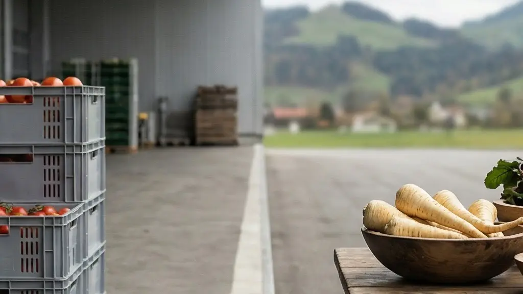 Kontrast zwischen gekühlten Transportkisten in einer Logistikhalle und frischem Gemüse an einem Schweizer Marktstand