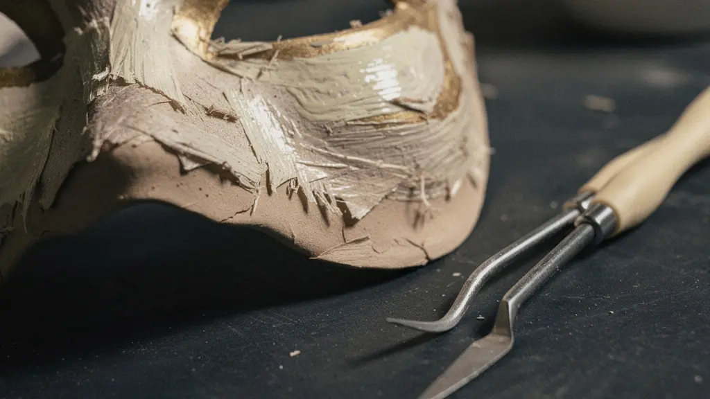 Makroaufnahme der rauen Papiermaschee- und Farbschichten einer Basler Fasnachtslarve neben neutralen Werkzeugen, ohne lesbare Details.