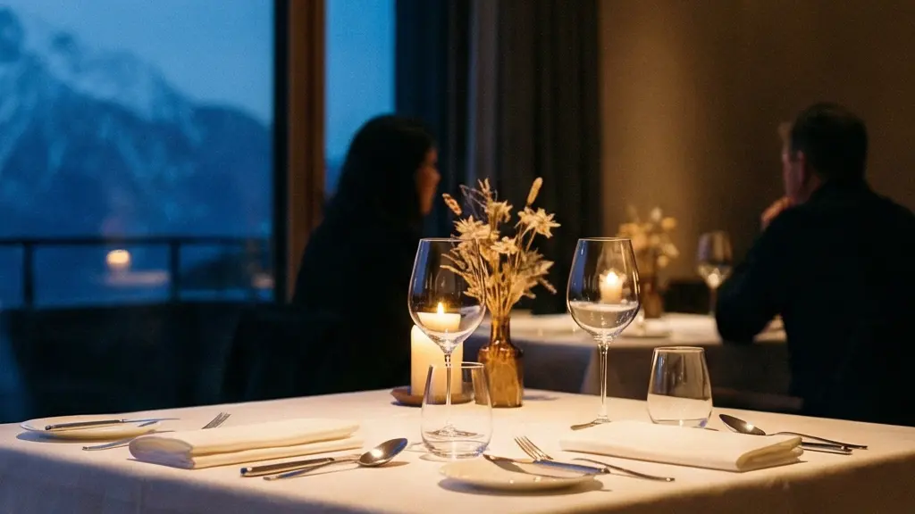 Ein perfekt eingedeckter leerer Tisch in einem eleganten Schweizer Restaurant mit gedaempftem Licht und unbenutztem Gedeck