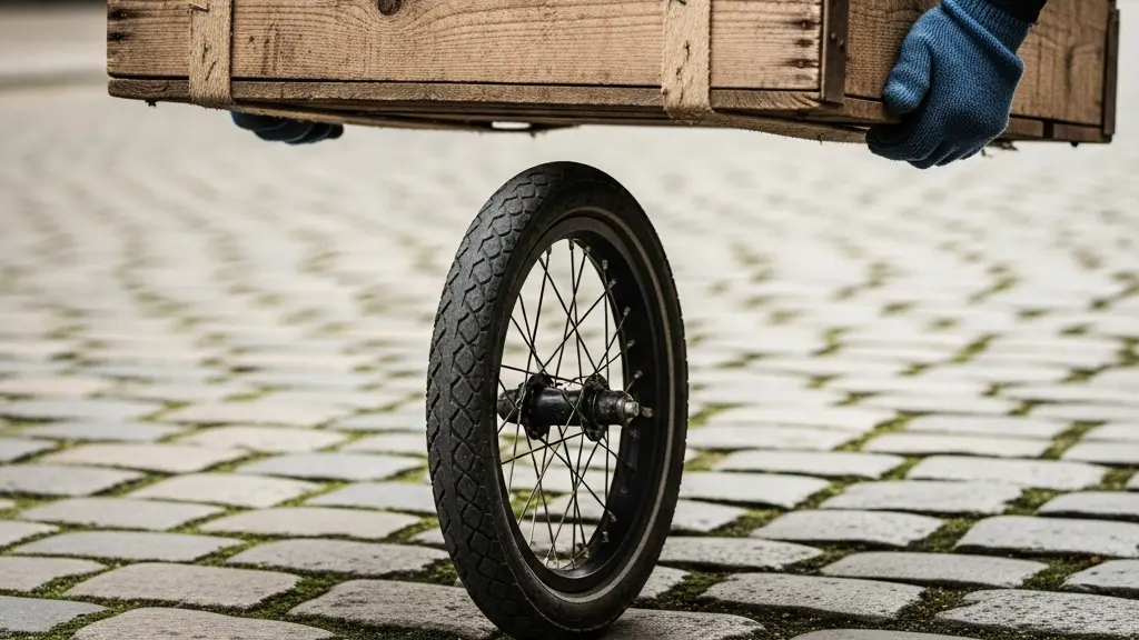 Nahaufnahme einer Paketlieferung auf einem Lastenrad in einer Schweizer Gasse, Fokus auf Texturen, keine lesbaren Adressen.