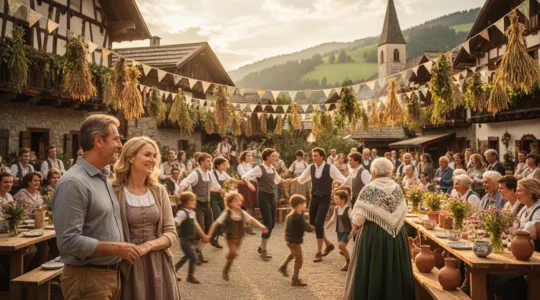 Dorffest-Szene mit festlich gekleideten Menschen verschiedener Generationen, die gemeinsam ein lokales Brauchtum feiern und so Gemeinschaft und Zugehoerigkeit verkörpern.